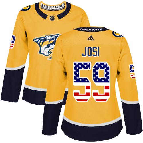 Adidas Predators #59 Roman Josi Yellow Home Authentic USA Flag Women's Stitched NHL Jersey - Click Image to Close